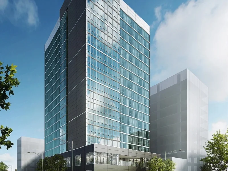 A modern high-rise building with glass windows and a sleek design stands tall against a blue sky with scattered clouds. Trees and streetlights are visible in the foreground, and another similar building is partially visible behind it.