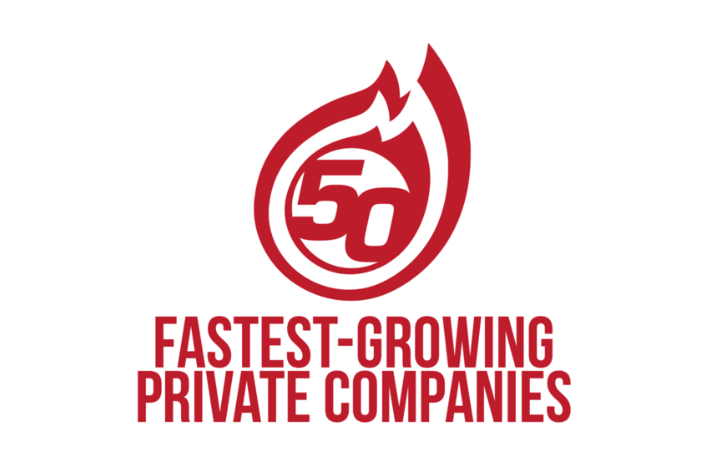 A red logo featuring the number "50" encircled by a stylized flame. Below the logo, the text "Fastest-Growing Private Companies" is displayed in bold, red capital letters. The background is plain white.