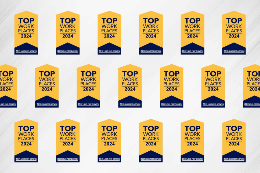 Image featuring a repeating pattern of award badges. Each badge is labeled "Top Work Places 2024" in black text on a yellow background with a blue section at the bottom. The awards are organized in rows and columns against a light grey background.