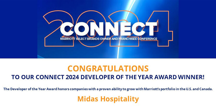 A blue and white banner with large numbers "2024" and the word "Connect" in front of the numbers. Below, text reads: "Congratulations to our Connect 2024 Developer of the Year Award Winner! Midas Hospitality". A smaller text describes the award's criteria.