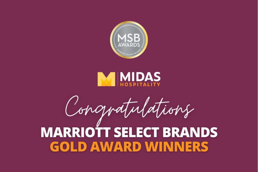 A purple graphic with a circular MSB Awards logo at the top. Below it, the text reads "MIDAS Hospitality Congratulations Marriott Select Brands Gold Award Winners" in a mix of white, gold, and red text.